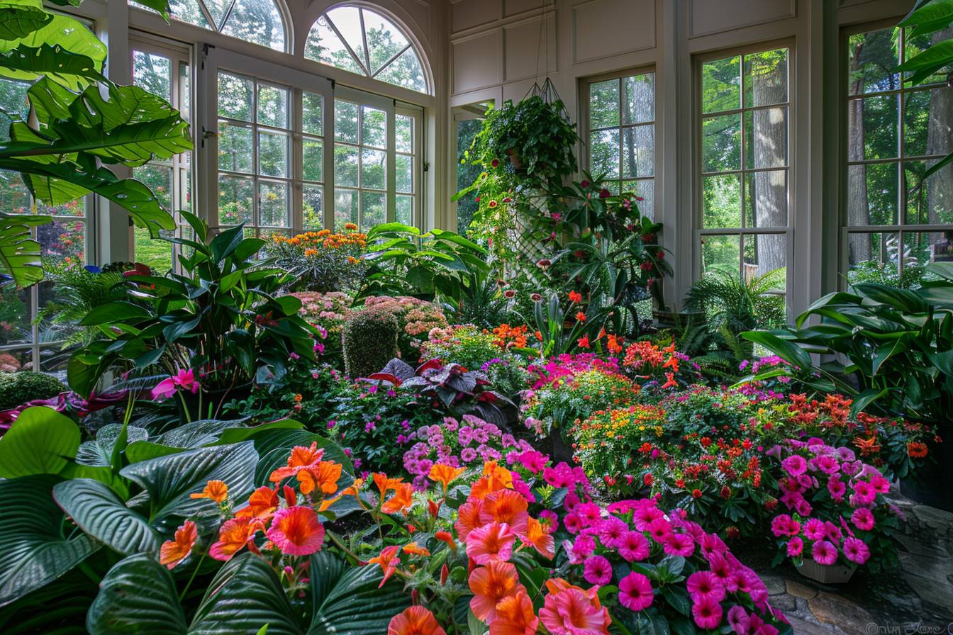 Vue panoramique d'une maison ouverte décorée avec harmonie, montrant l'intégration parfaitement coordonnée d'un jardin coloré et des couleurs de peinture intérieure.