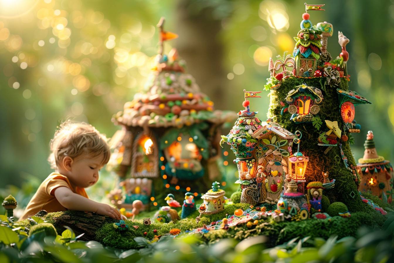 Enfant souriant dans une chambre décorée avec des jouets et des meubles faits de matériaux recyclés, illustrant l'artisanat vert.